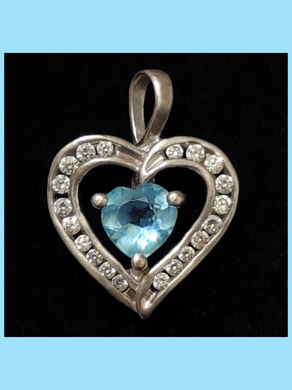 Halo Heart Pendant Sterling Silver & Blue Topaz (simulated) w/20x Cubic Zirconia